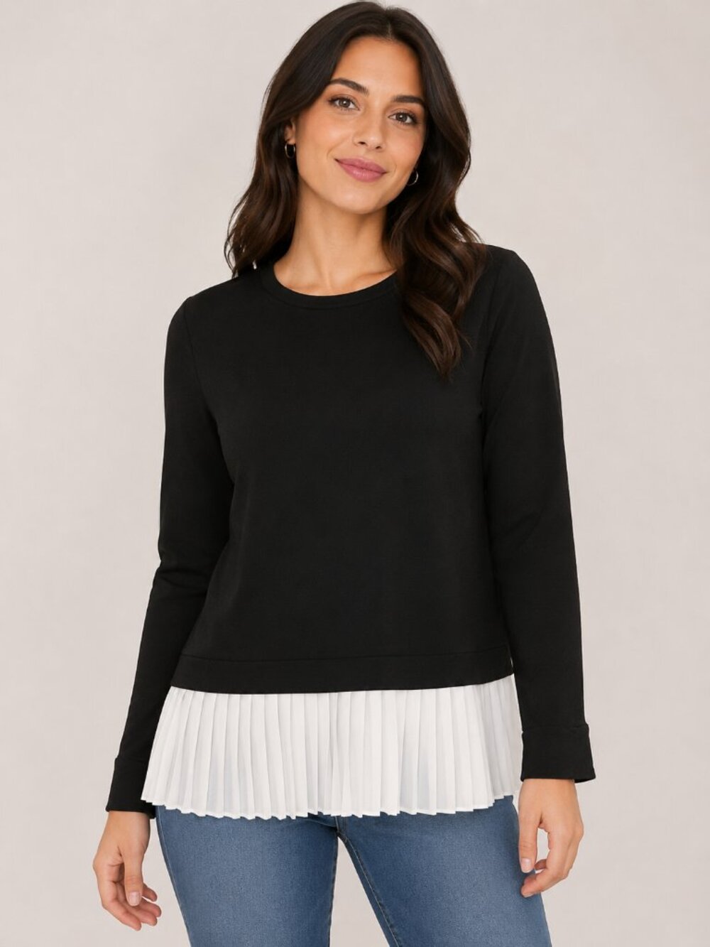 NWT Lea & Viola Black Long Sleeve Pleated Hem Tunic Top Layered Blouse L